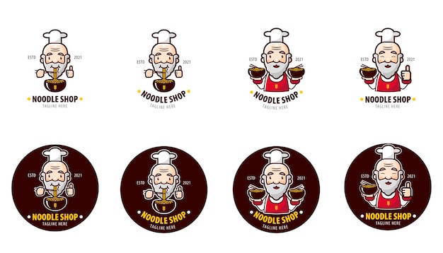 Sets logo of noodle restaurant with old chef as mascot