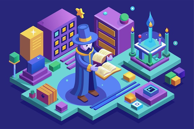 A setup wizard character interacts with an open book in an enchanting colorful landscape full of geometric shapes Setup wizard Customizable Isometric Illustration