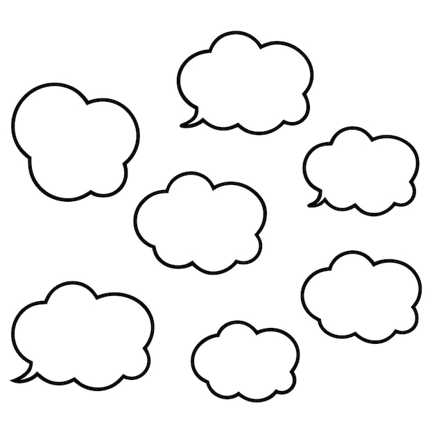 Vector seven black and white cloud speech bubbles