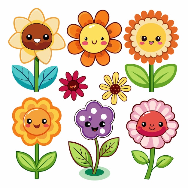 Vector seven cartoon flowers with happy faces and different colors