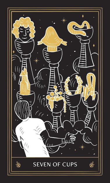 Seven of Cups Tarot Card in Minor Arcana with Black Gold and White Hand Drawn Vector Doodle Style