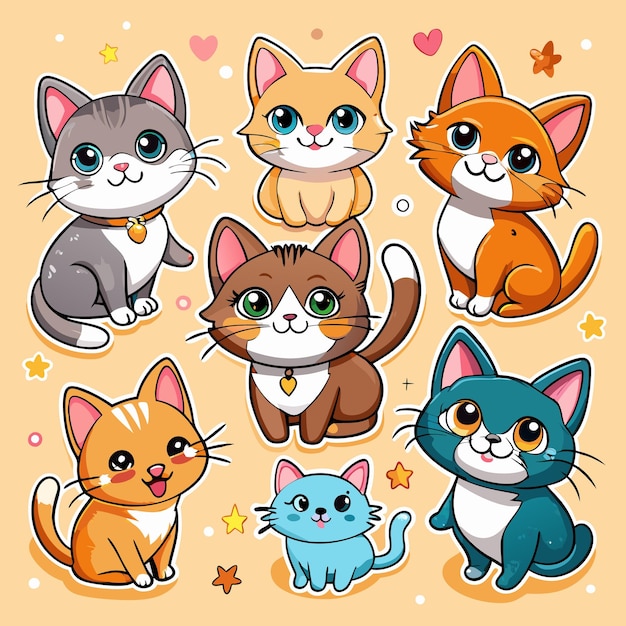 Seven cute cartoon cats in different colors sitting on a yellow background