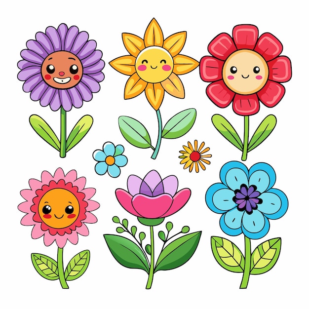 Seven cute cartoon flowers with happy faces in different colors isolated on white background