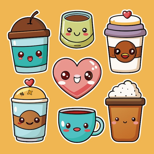 Vector seven cute coffee cups with different toppings hearts and whipped cream