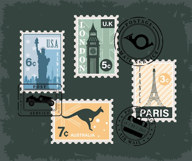 Seven postage stamps