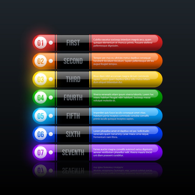 Seven rainbow options in clean hi-tech style on black glossy background