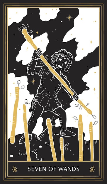 Seven of Wands Tarot Card in Minor Arcana with Black Gold and White Hand Drawn Vector Doodle