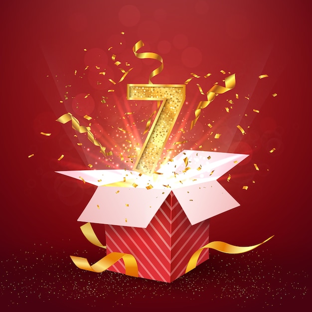 Seven year number anniversary and open gift box with explosions confetti isolated design element