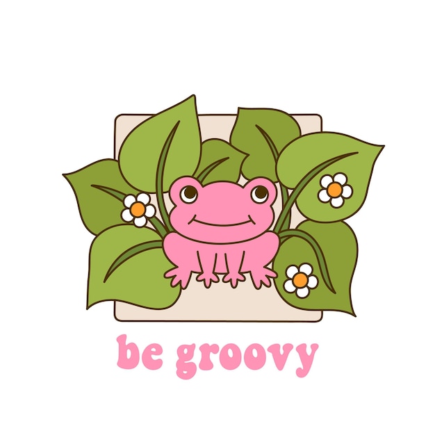 Seventies retro slogan Be Groovy and frog in leaves with daisies in vintage style