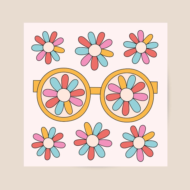 Vector seventies style retro hippie card poster templates cute vector flowers glasses at square design