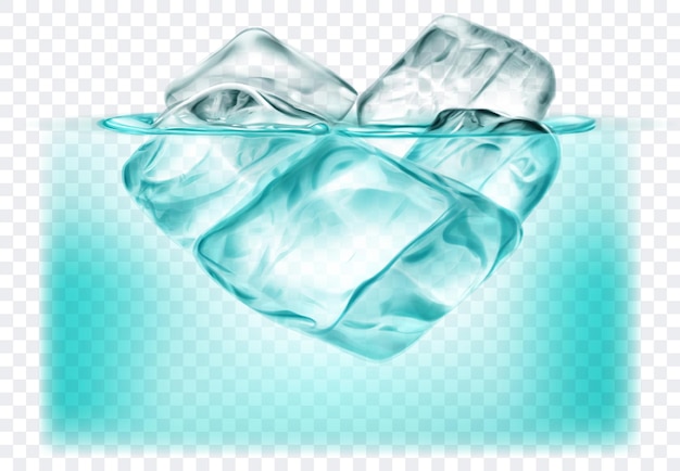 Several big translucent ice cubes floating in the water Isolated on transparent background Vector illustration in turquoise colors Transparency only in vector format