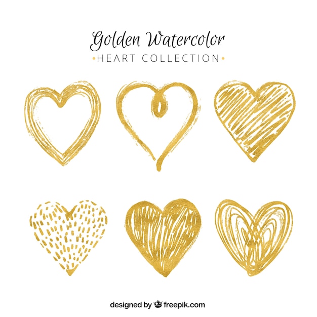 Several golden hearts painted with watercolor