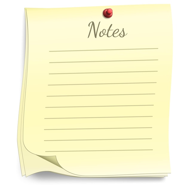 Several lined yellow sheet paper for notes with pin on white background Shadow under the sticker Design element