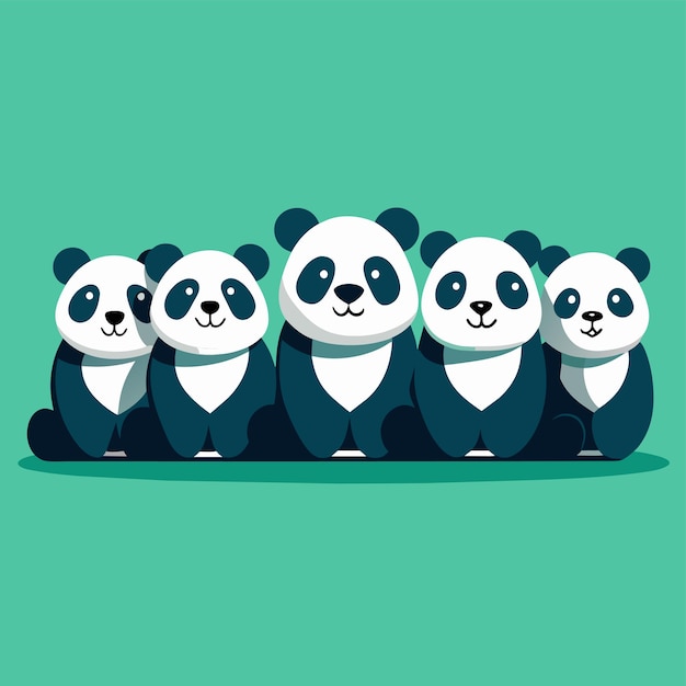 Vector several panda bears sitting in a row together side by side a group of pandas sitting together in a row simple and minimalist flat vector illustration