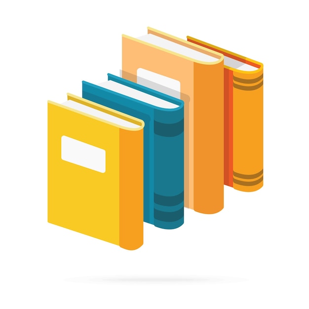 Several yellow and blue books stand in a row on a white background