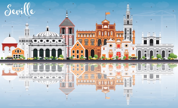 Vector seville skyline with color buildings, blue sky and reflection.