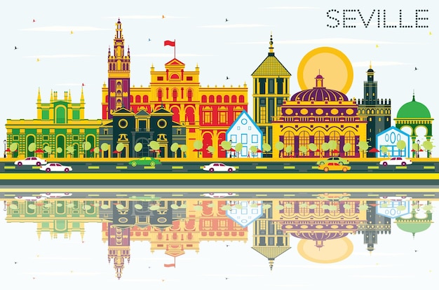 Vector seville skyline with color buildings, blue sky and reflections. vector illustration. business travel and tourism concept with historic buildings. image for presentation banner placard and web site.