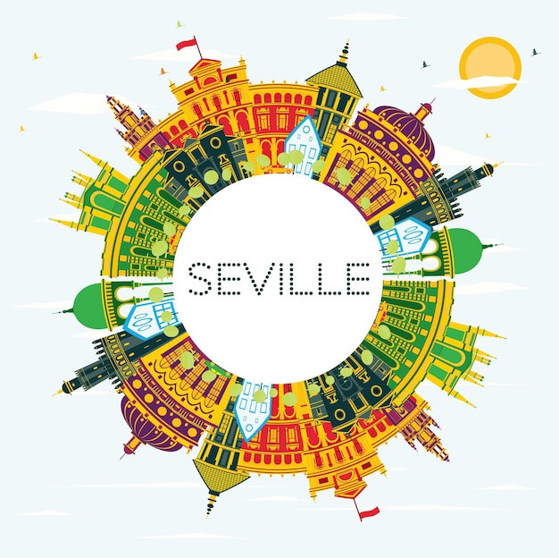 Vector seville spain city skyline with color buildings, blue sky and copy space. vector illustration. business travel and tourism concept with historic buildings. seville cityscape with landmarks.