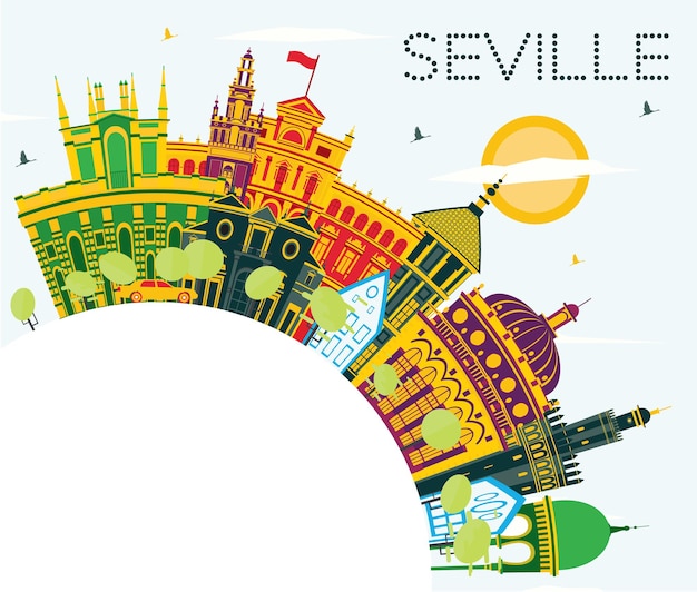 Vector seville spain city skyline with color buildings, blue sky and copy space. vector illustration. business travel and tourism concept with historic buildings. seville cityscape with landmarks.