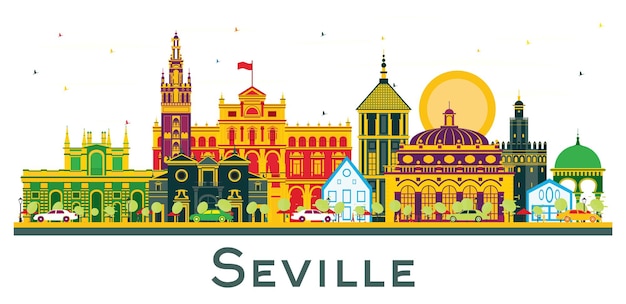 Vector seville spain city skyline with color buildings isolated on white