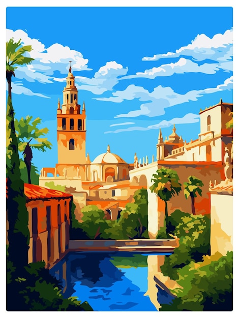 Vector seville spain vintage travel poster wall art print souvenir postcard portrait wpa illustration