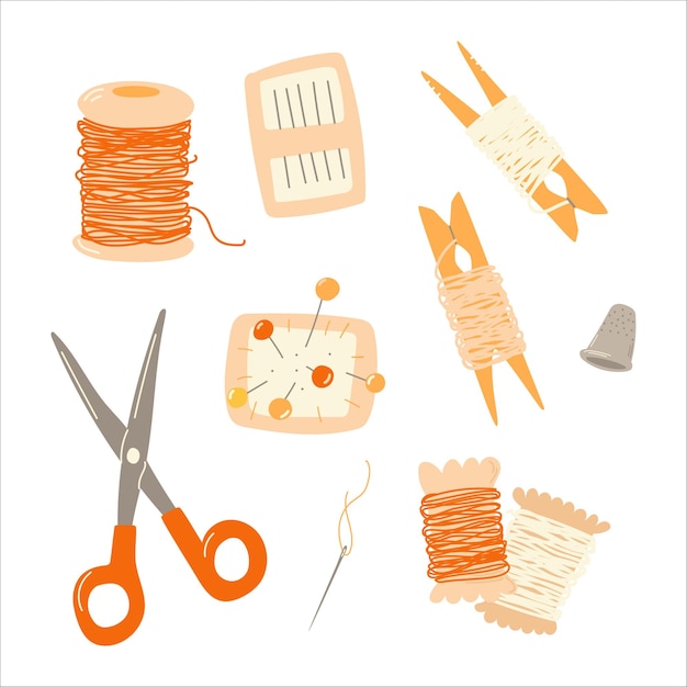 Sewing craft tools and materials. Scissors, threads, needles, thimble, pin cushion. Vector set.