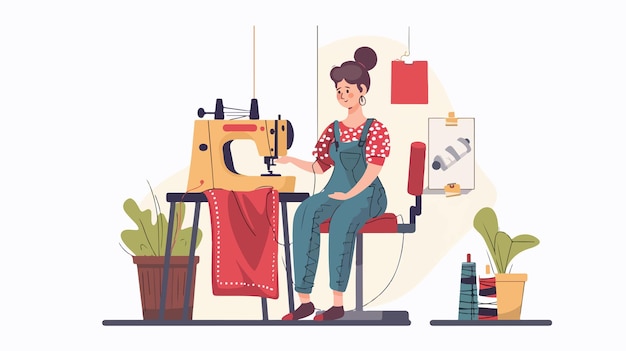 Vector sewing hobby concept woman sitting and sewing