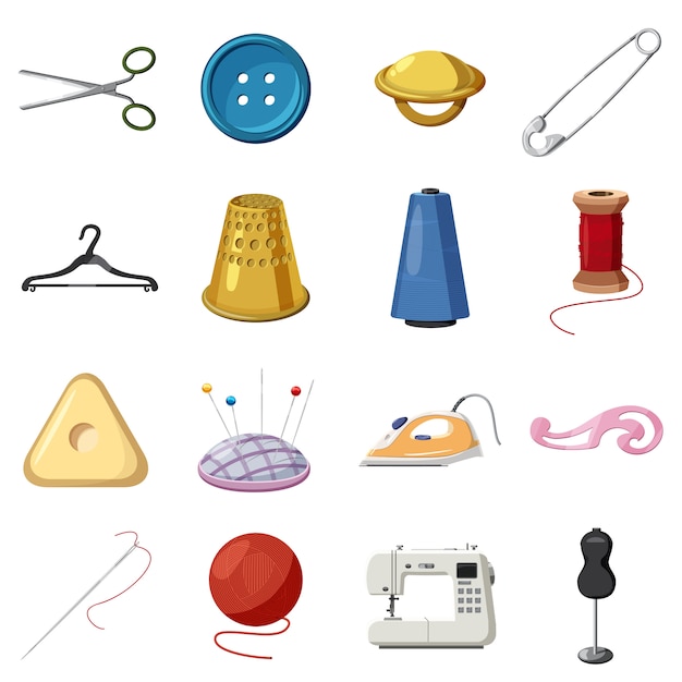 Sewing icons set, cartoon style