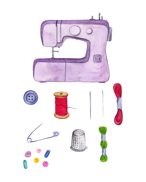 Sewing kit sewing machine bulovka needle thread button beads Isolated on a white background Watercolor illustration