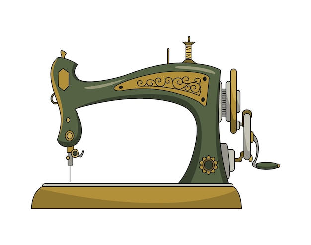 Sewing machine. Retro design form of tool for sewing. Colorful equipment of dressmaker. Vector illustration in flat style.