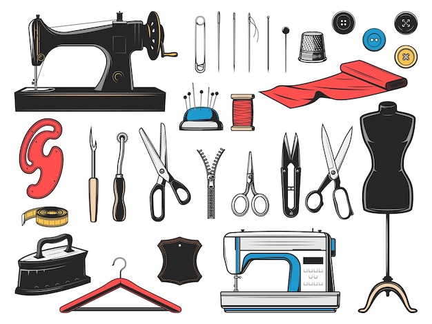 Sewing tool icons with tailor, dressmaker and fashion designer equipment