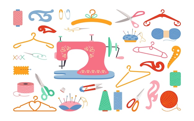 Sewing tools cartoon set, thread and scissors, yarn, needle bar, pin needle.