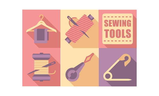 Sewing tools settailoring equipment dressmaking craft elements vector Illustration web design