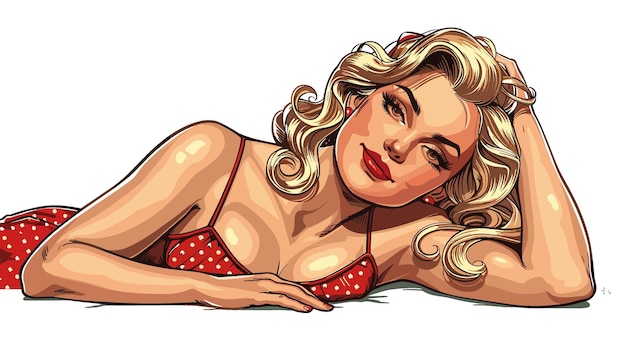 Vector sexy blonde woman in red swimsuit pop art retro vector illustration