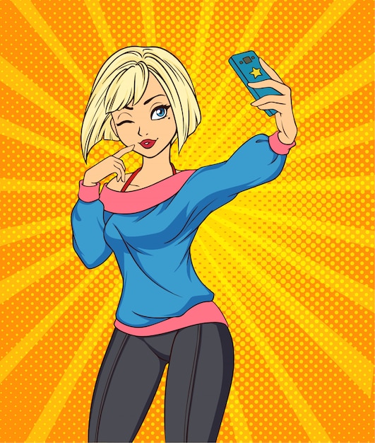 Sexy cartoon girl takes a selfie. Pop art style hand drawn illustration. Blondie girl on yellow background.