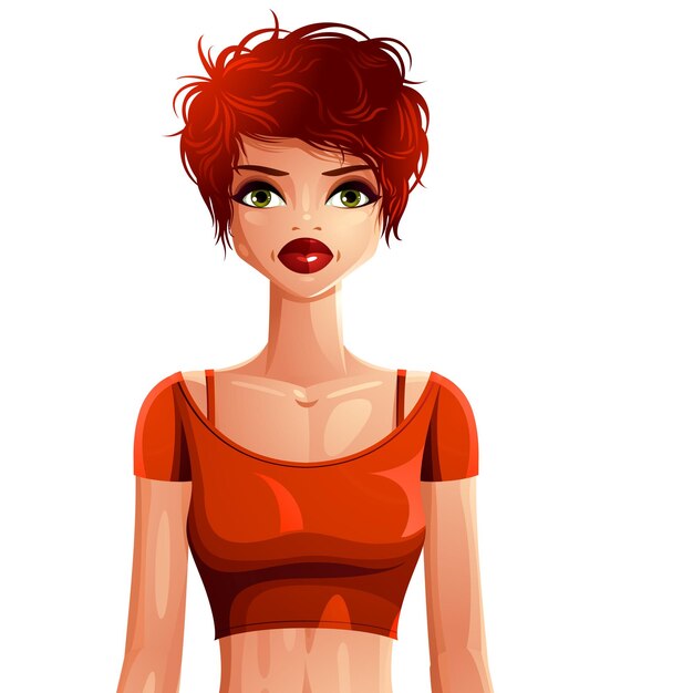 Vector sexy flirting woman upper body vector portrait. beautiful red-haired female isolated on white, people expressions.