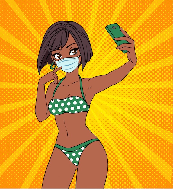 Sexy girl taking selfie. Woman wears medical mask and green retro bikini. Pop art style vector illustration.