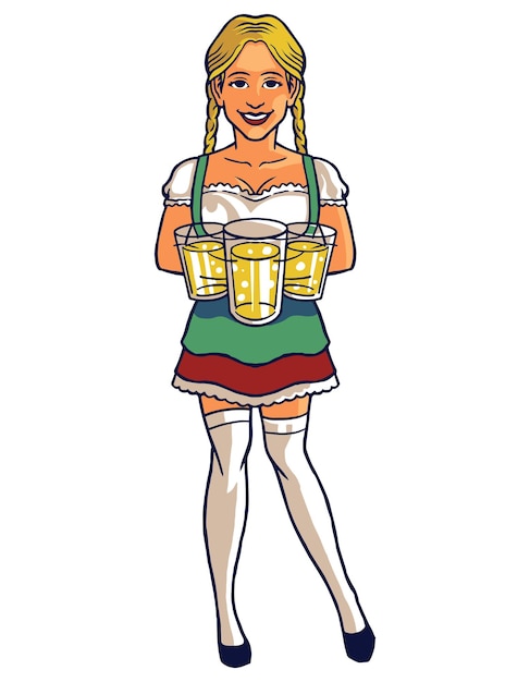 Sexy Girl Wearing Traditional Bavarian Clothes Dancing and Drinking Beer Celebrating Oktoberfest