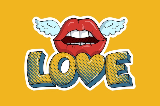 Sexy lip Love print shirt Girl kiss with wigs pretty face apparel art design red lipstick fashion illustration cute modern valentine Comic retro style Vector graphic background