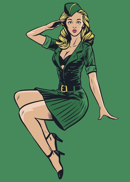 Sexy military pinup girl in vintage drawing style