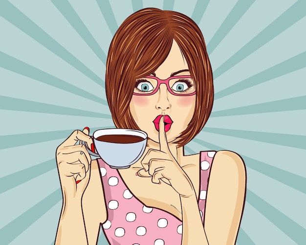 Sexy pop art woman with coffee cup. Advertising poster in comic style. 