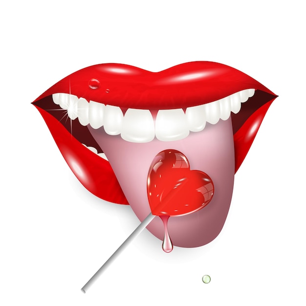 Sexy red lips on a transparent background licking a heart shaped lollipop 3D effect Vector illustration