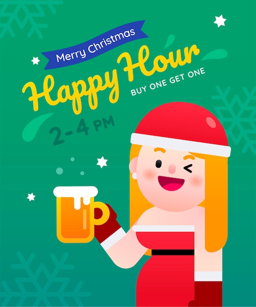 Sexy Santa woman celebrating for Christmas happy hour buy one get one beer