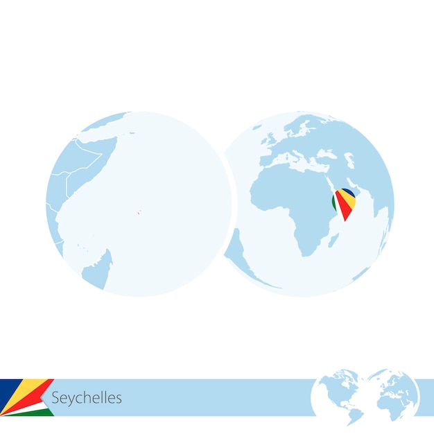 Seychelles on world globe with flag and regional map of Seychelles. Vector Illustration.