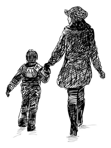 SFreehand drawing of a mother with his little child walking together for a stroll