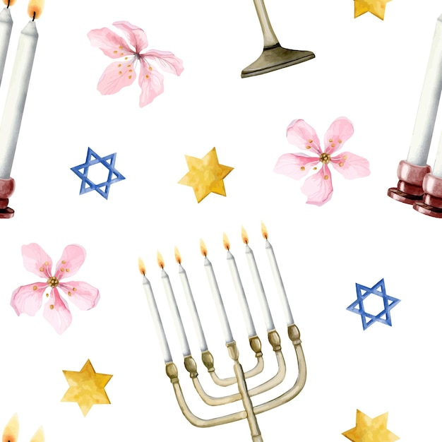 Vector shabbat candles jewish menorah stars of david and flowers watercolor seamless pattern on white