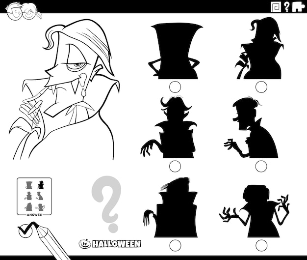 Shadow game with cartoon vampire on Halloween coloring page