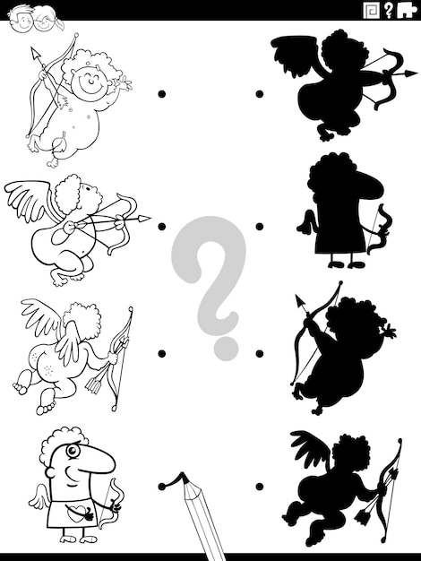 Shadow game with comic cupids characters coloring page