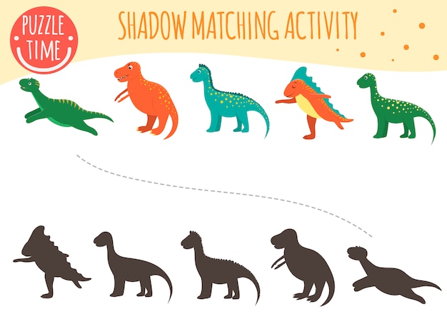 Shadow matching activity for children. Dinosaur topic. Cute funny smiling dinos.