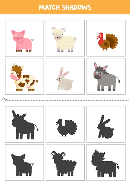 Shadow matching cards for preschool kids. Cute farm animals.